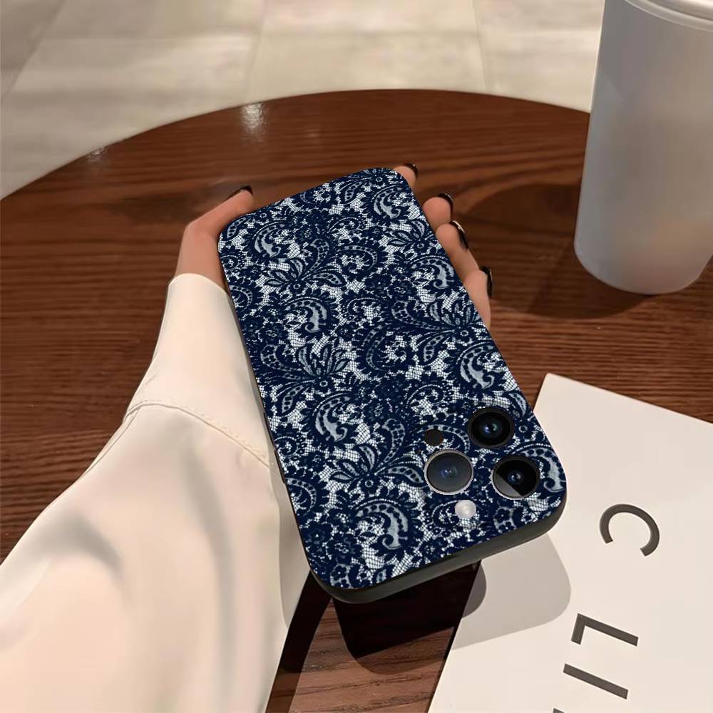 Lace Print Phone Case For iPhone 17,16,15,14,13,12,11,Pro,Max,Plus Soft Black Cover