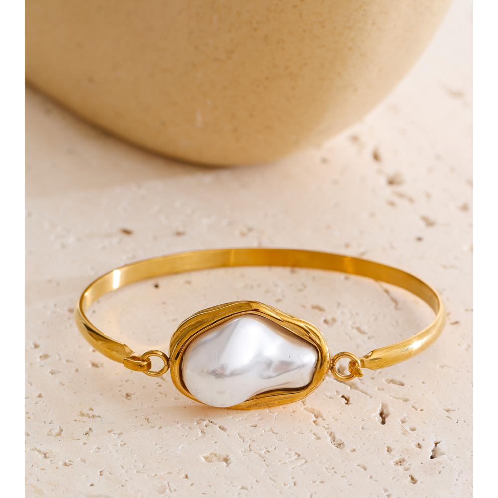 Yhpup 60mm Baroque Imitation Pearls Bracelet Bangle for Women 18K Golden PVD Plated Vintage Fashion Wrist Jewelry Accessories