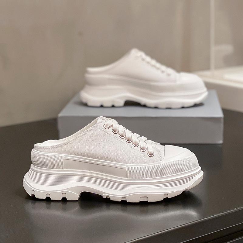 Sheepskin Version~ Spring and Summer Baotou Half Slippers Women Wear Thick Soles Inside Heightening Canvas Shoes Internet Celebrity Explosion White