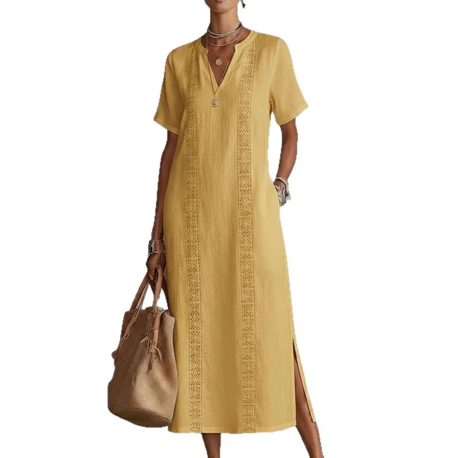 Vintage Comfortable Hollow Lace V-Neck Loose Cotton Linen Dress for Women