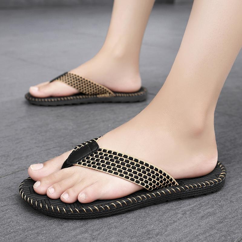 Cheap Summer Linen Slipper Men Indoor Home Shoes Lightweight Weaving Flip flops Men Bedroom Shoes Silent Casual Flip-flops Man