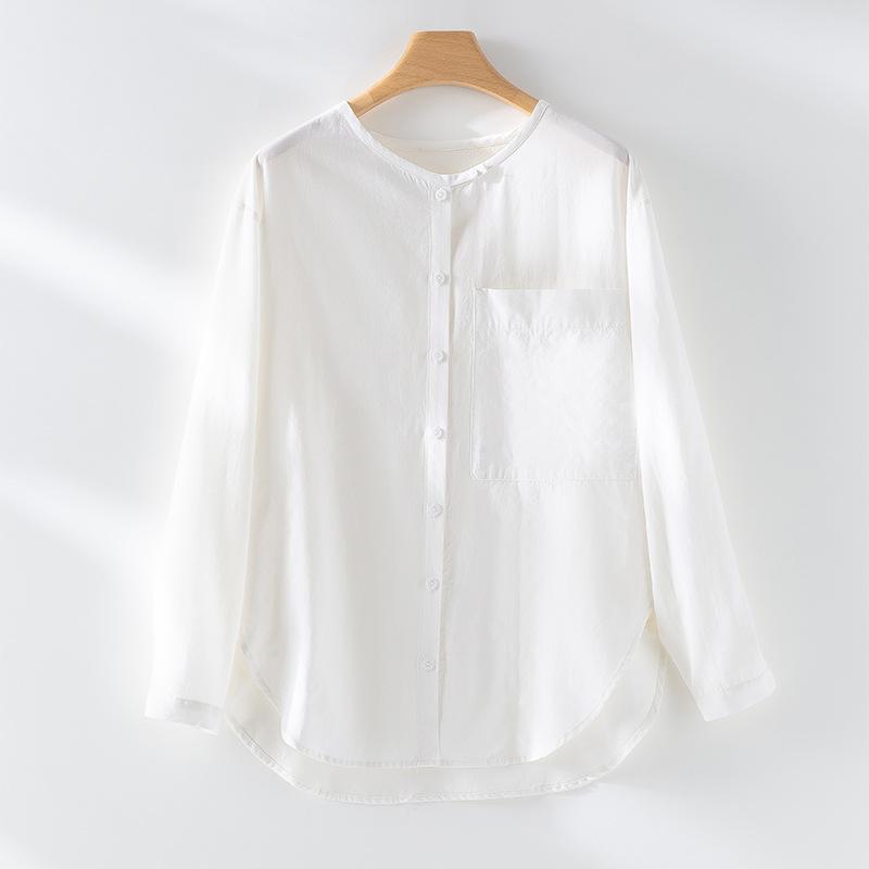 Early autumn new Lyocell Tencel linen Hong Kong style temperament round neck long-sleeved shirt simple casual versatile shirt women