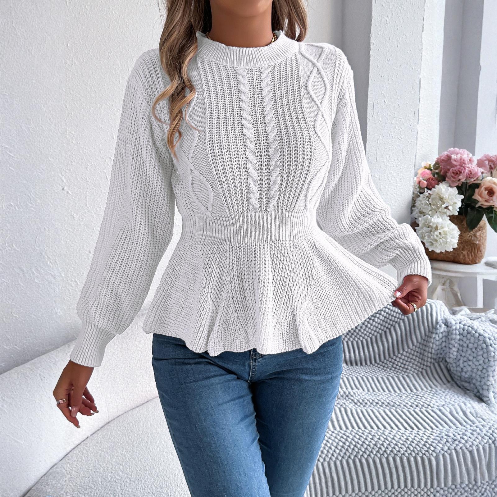 Женский модный повседневный трикотажный топ с круглым вырезом и длинными рукавами однотонный с кабельным узором приталенный с оборками пуловер-свитер XL белый 2290₽