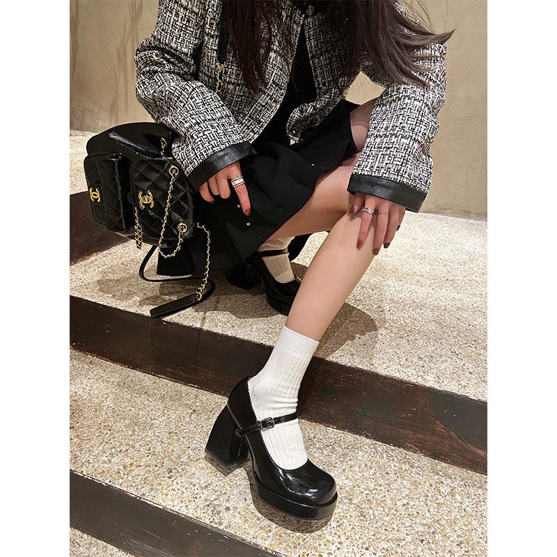 Spring Summer Black Chunky Heels New Line Buckle Mary Jane Shoes Shallow Mouth Single Shoe Women Round Head