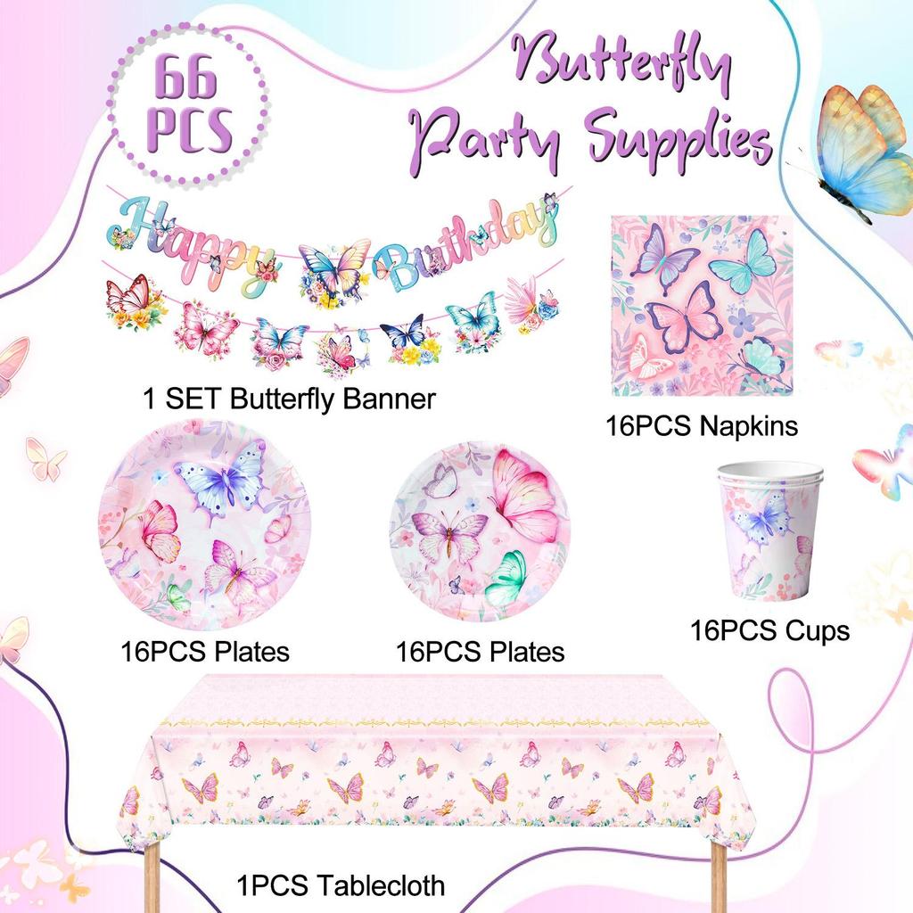 Butterfly Birthday Party Supplies, Butterfly Plates and Napkins Party Supplies-Butterfly Party Plates Cups Tablecloth&Butterfly Birthday Decors Banner
