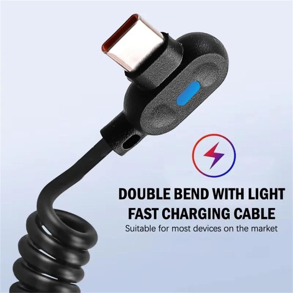 6A Fast Car Charger Cable Retractable USB C 90° Elbow Design with Spring for Samsung Tablet Laptop Carplay Wire Cords