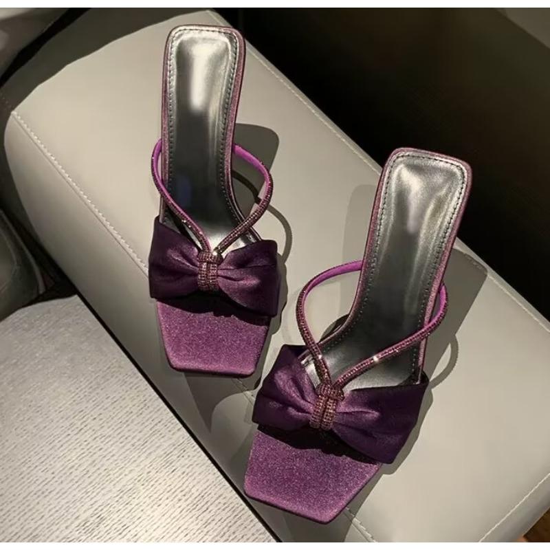 Sandali Estivi con Tacco a Spillo Moda Donna Punta Quadrata Bocca Bassa Punta Aperta Set di Cristalli Slip-on Antiscivolo Indossare Pantofole