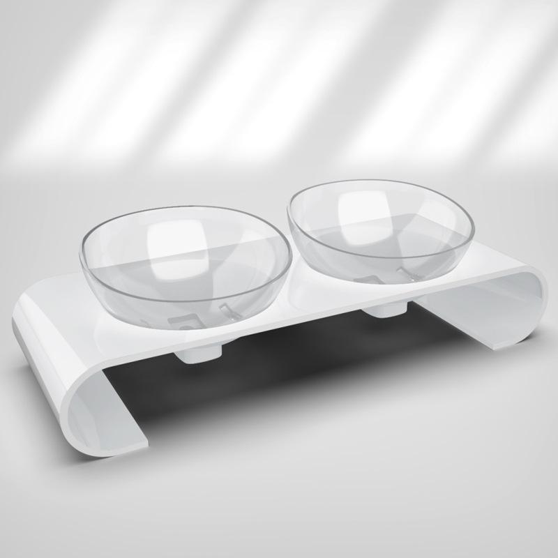 Pet Cat & Dog Transparent Double Bowl - Angled Food & Water Feeder with Neck Protection
