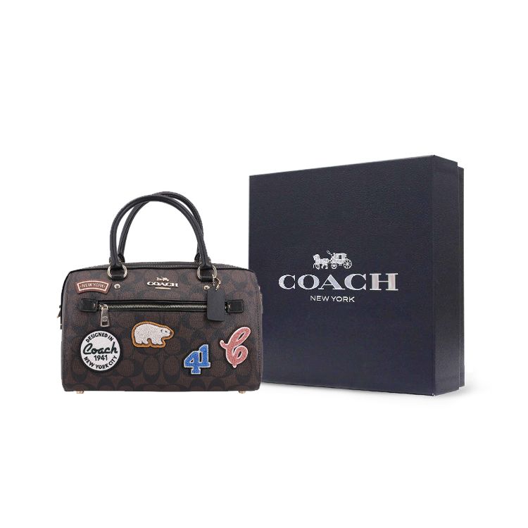 Coach Rowan 27 Classic Monogram Zip Closure Ski Patch Decor Canvas And Leather Shoulder Crossbody Tote Bag Large Women handbags Dark-Brown CE592-IMOSN