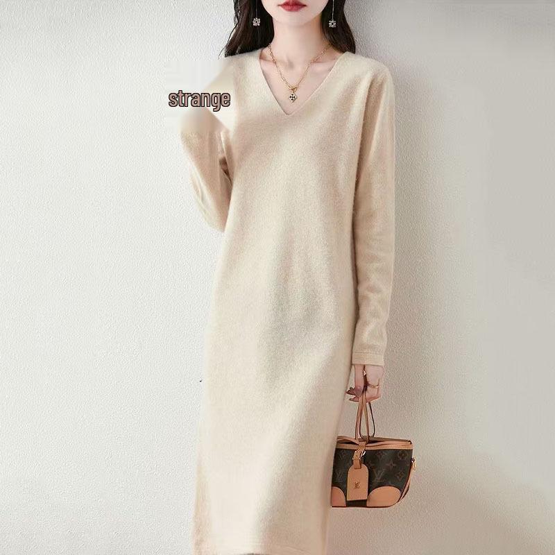 2025 Herbst/Winter Damen Woll V-Ausschnitt Knielanges Pulloverkleid mit Schlitz