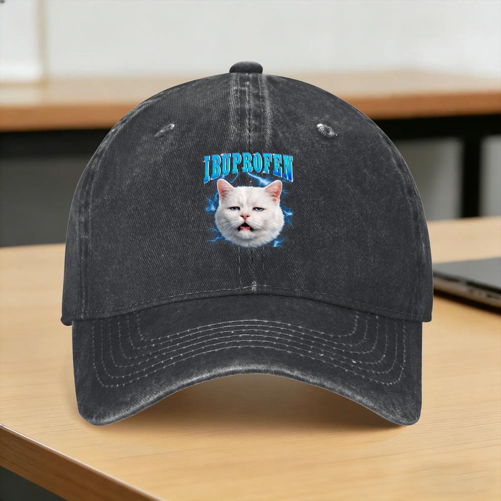 Washed Baseball Cap Funny Ugly Cat Face Ibuprofen Cat Meme Humor Spring Trucker Hat For Unisex Adult Yk Cool Rock Sun Snapback Cap
