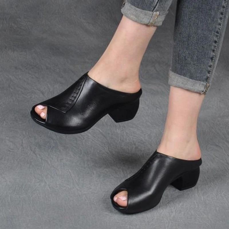 Thick-heeled Soft Leather Slippers Fish Mouth Womens Sandals Comfortable Versatile Women Shoe Platform Wedges Zapatillas De Casa