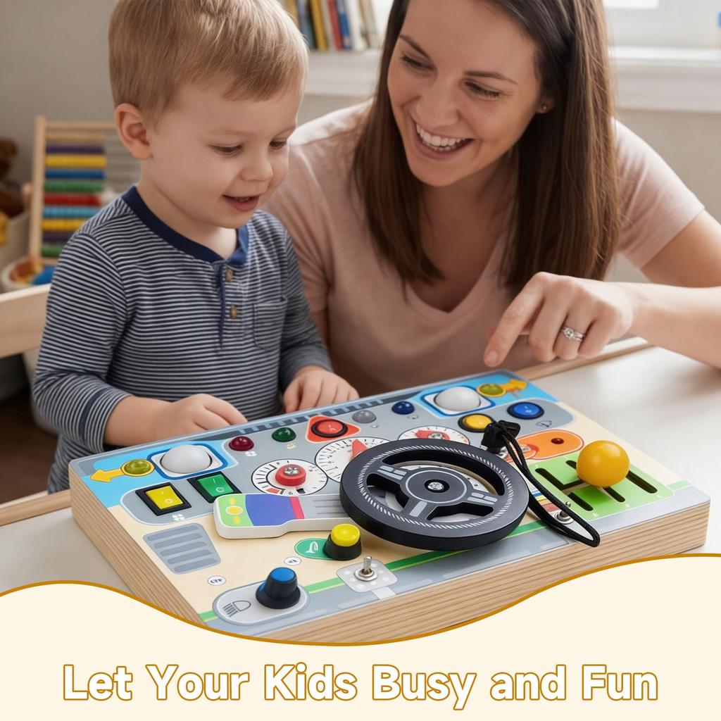Morovan Montessori Busy Board, Sensorisches Aktivitätsbrett mit Schaltern Knöpfen, Reisespielzeug für Kleinkinder Jungen Mädchen, 21,5x14,5x3cm, Mehrfarbig