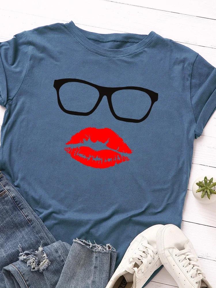 

Очки Принт Красные Губы Женская Футболка с Коротким Рукавом Круглый Вырез Свободная Женская Футболка Дамская Футболка Топы Одежда Camisetas Mujer XXXL темно-синий
