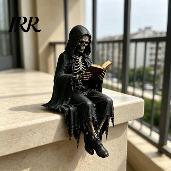 Zittend Magere Hein Model Gotische Dark Fantasy Figuur, Lezend Met Kap Standbeeld, Halloween Beeldje Hars Skelet voor Boekenplank Huis