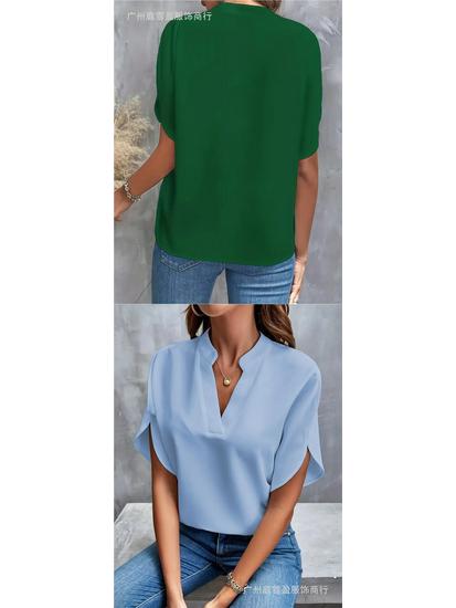 Women's Summer 2026 Solid Color V-neck Loose Shirt Top