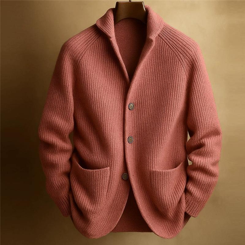 Men's Knitted Three-Button Green Fruit Collar Cardigan Sweater Spring Aautumn Knitwear Solid Color Long Sleeve Knit Outerwear