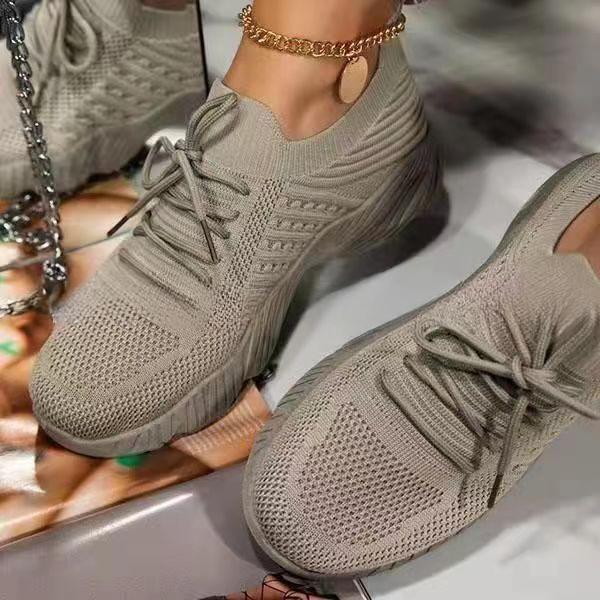 Large Size Women's Shoes Sports Shoes Women's Lace-up Mesh Thick-soled Casual Flying Woven Shoes Breathable Low-heeled Shoes