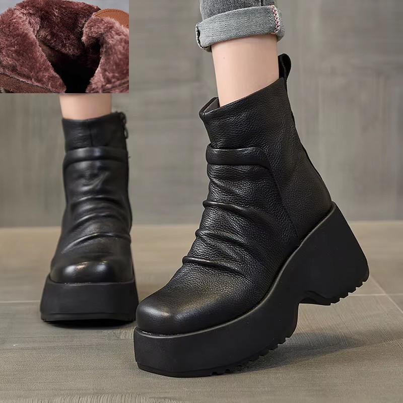 Mote GKTINOO Ekte Skinn Plattformstøvletter Vår Høst Håndlagde Tykksålede Korte Støvletter Høydeøkende Rund Tå Damesko