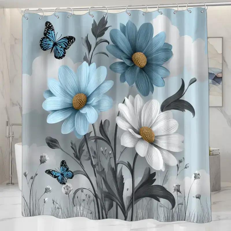 

Blue Daisy Shower Curtain Butterflies Floral Design Sky Background Waterproof Fabric Elegant Bathroom Decor Nature Inspired W60H190(CM)-1 Pcs