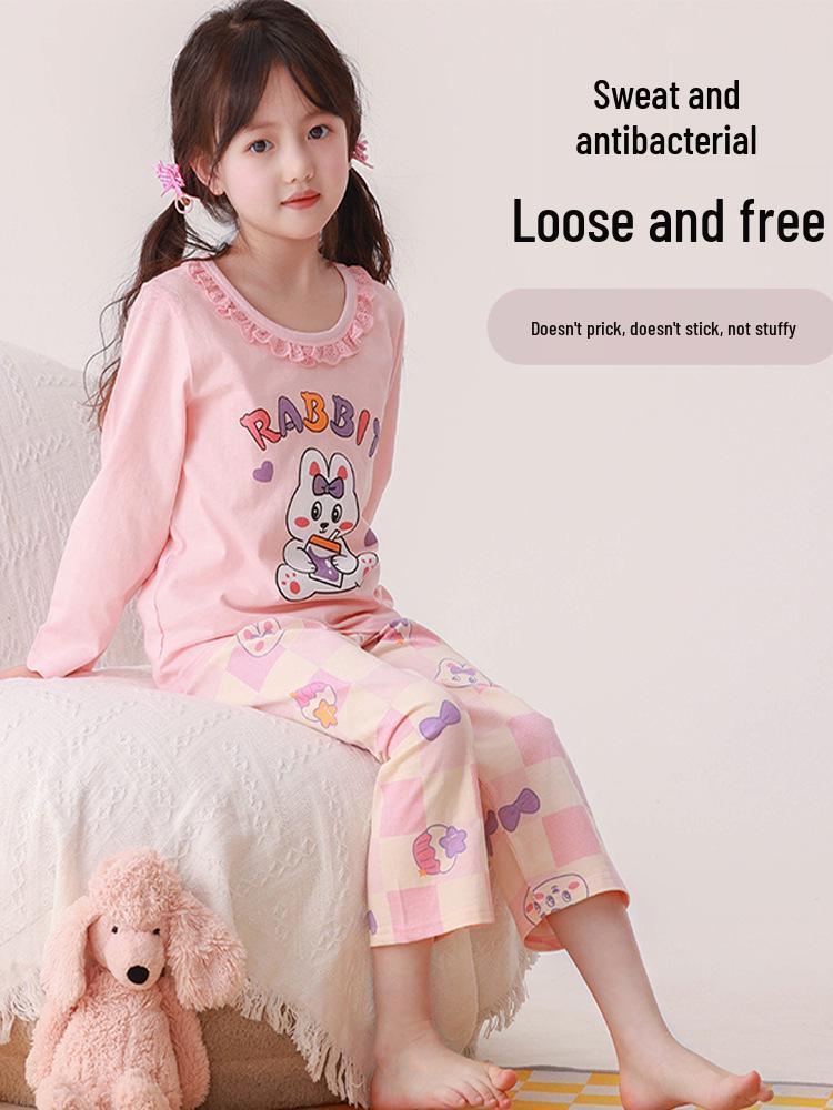 2025 Άνοιξη/Καλοκαίρι Παιδική Πυζάμα από Καθαρό Βαμβάκι για Κορίτσια: Μακρυμάνικη Μπλούζα & Παντελόνι για Μεγάλα Παιδιά, Ρούχο Σπιτιού για Μικρό Κορίτσι