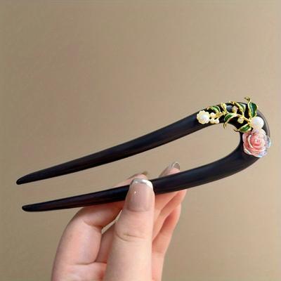 Elegant Wooden U-shaped Hairpin with Floral Pattern Traditional Chinese Style for Women, Suitable for Hanfu and Cheongsam