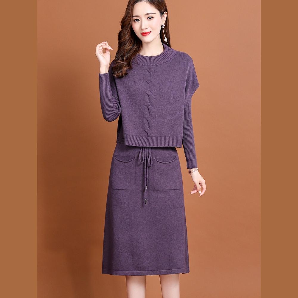 Pletené šaty pro dámský podzim a zimu Korejský styl Pas zvýrazňující Dvoudílný set Svetr Jednobarevné Dlouhý rukáv Ležérní svetrové šaty
