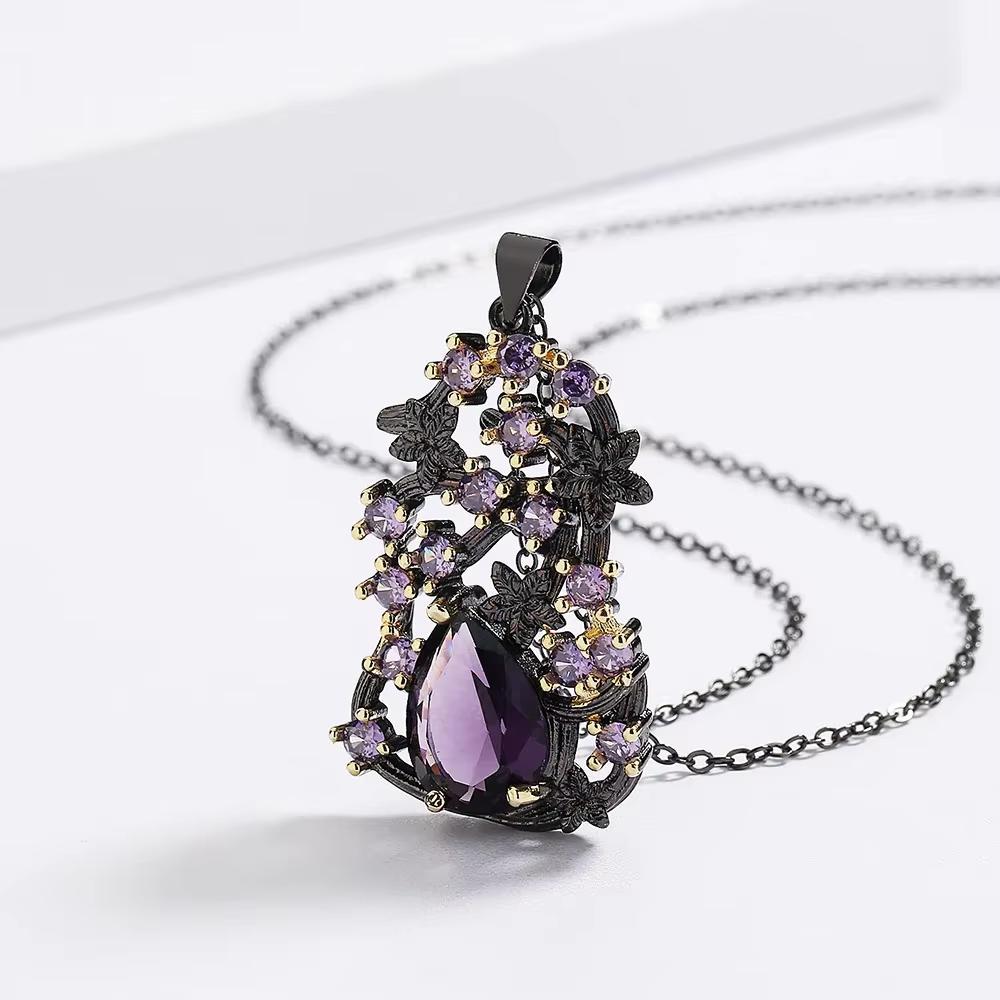 Elegant Purple Zircon Ladies Pendant Sweater Chain Black Gold Color Jewelry Personalized Accessories