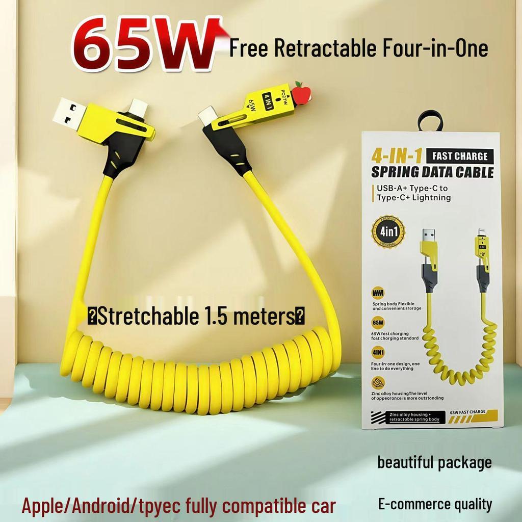 65W Feder ausziehbares 4-in-1 Schnellladekabel für iPhone, Huawei und Android-Geräte
