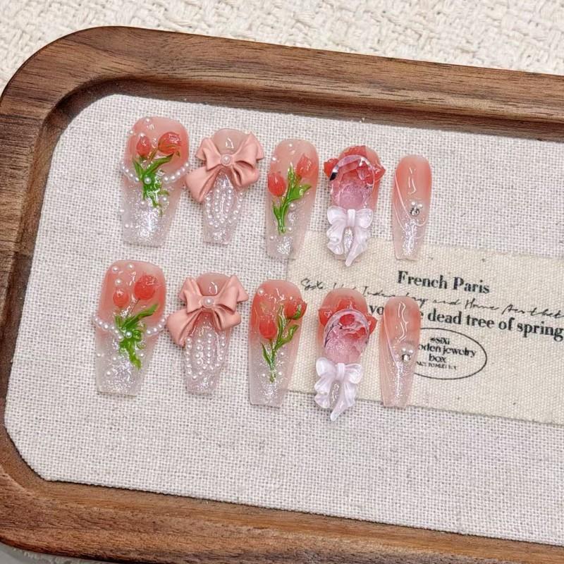Handcrafted 3D Floral Press-On Nails With Gradient Pink Tulip Design Ice-Transparent Long Style Women