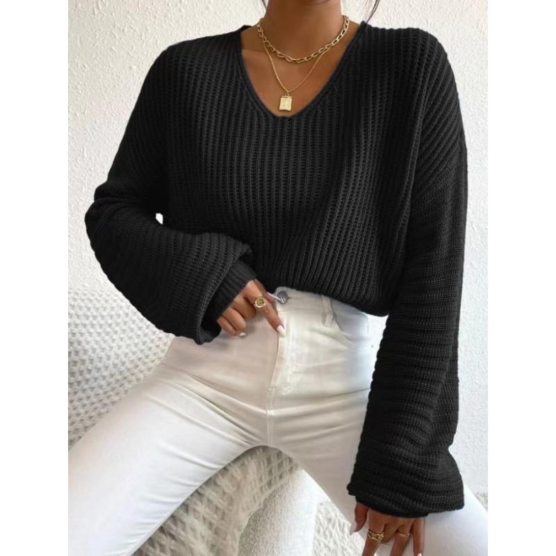 

DAFIFY Женская мода повседневная осень-зима однотонный принт длинный рукав V-образный вырез свитера S чёрный