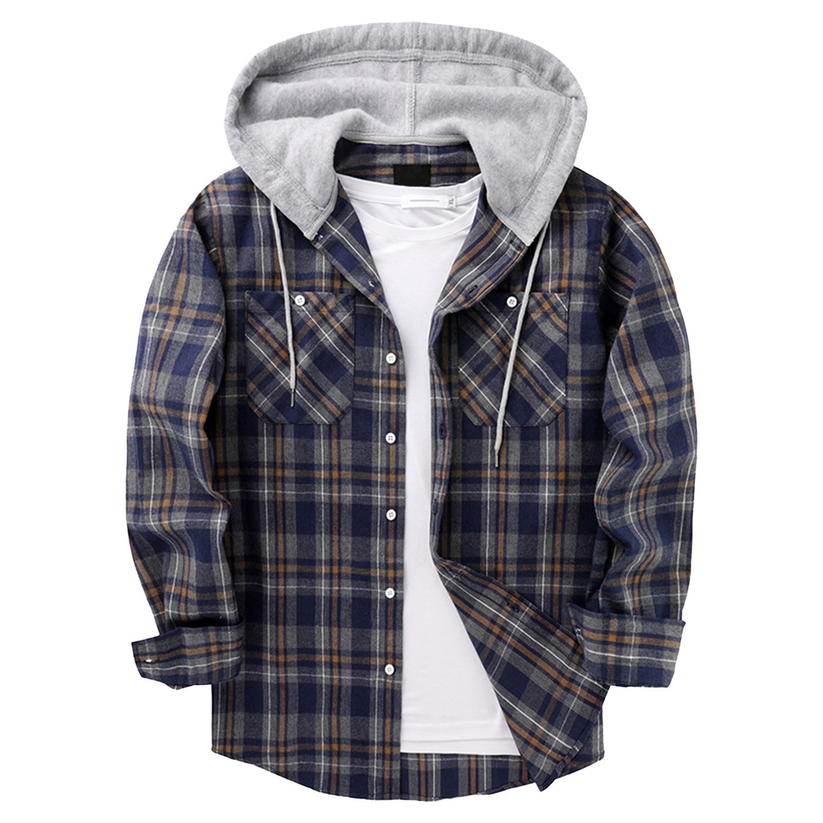 

Мужская рубашка в клетку, толстовка на пуговицах с капюшоном, мужская повседневная модная толстовка L синий