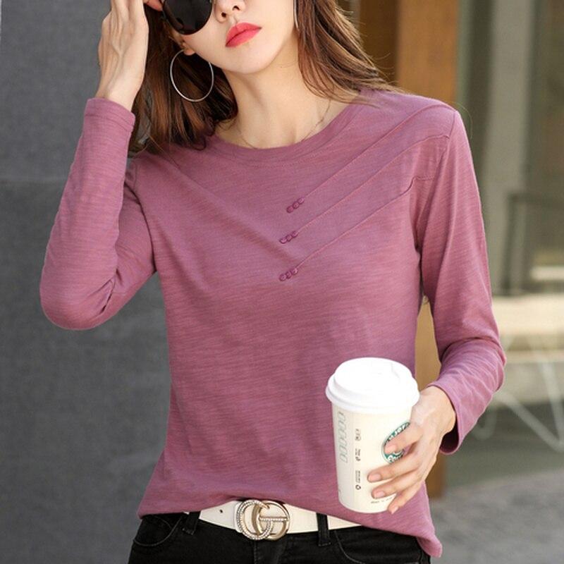 Fashion O-neck Long Sleeve Shirt Women Plus Size Cotton T-shirt Autumn Solid Loose All-match Office Lady Korean Clothes 10800 1135