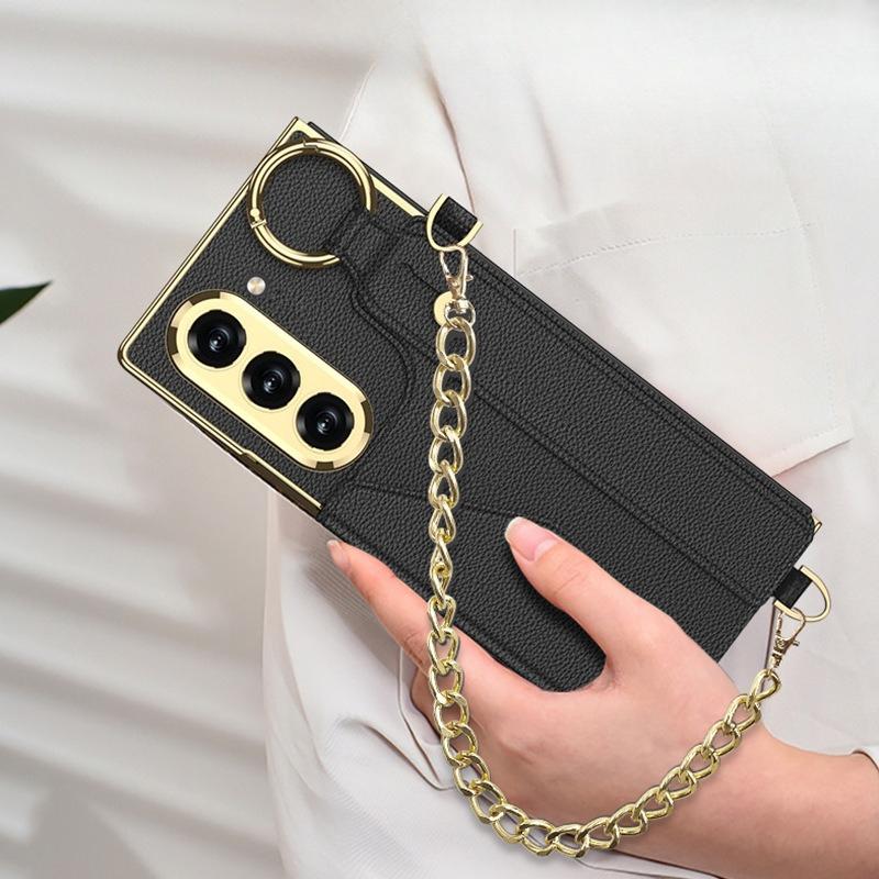 Samsung ZFold6 Mobile Phone Chitin Leather Small Fragrance Style Wristband Card Bag Portable Chain Wristband Leather Case