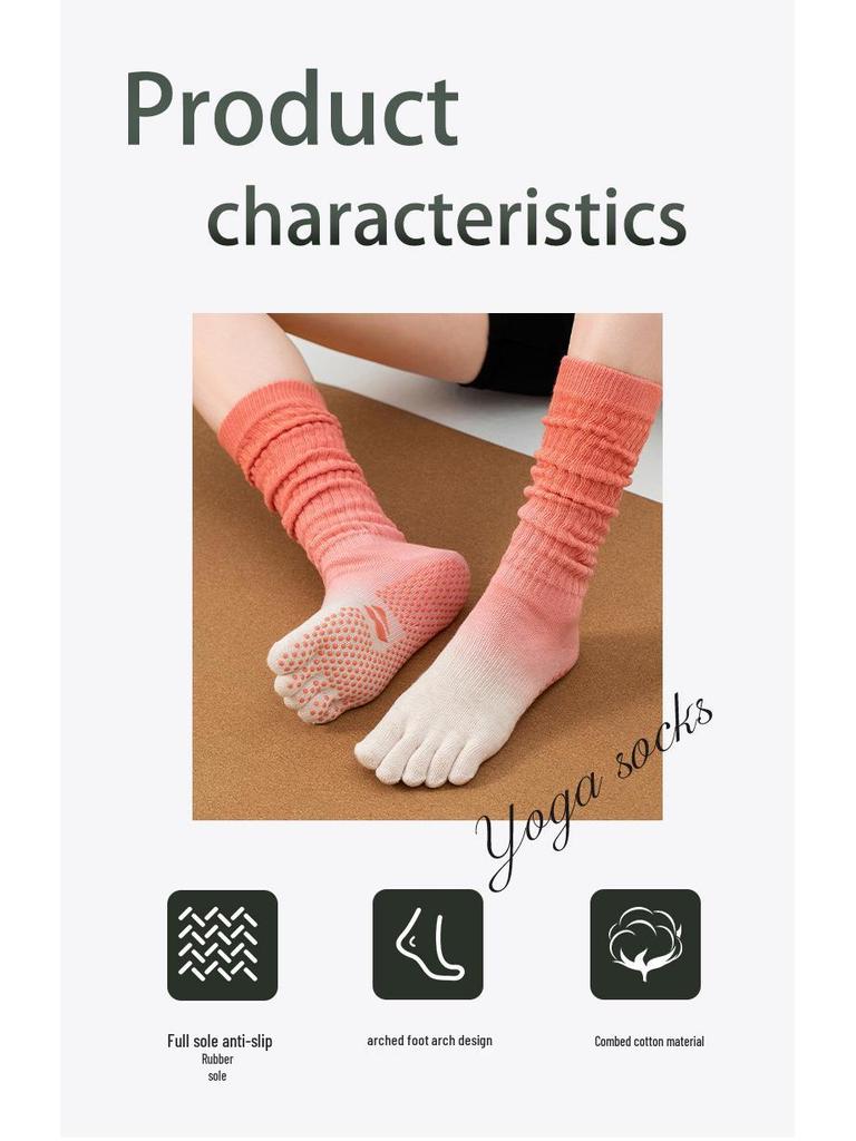 Gradient Five-Toe Non-Slip Yoga Socks - Women's Fitness & Pilates Slouch Cotton Calf Socks