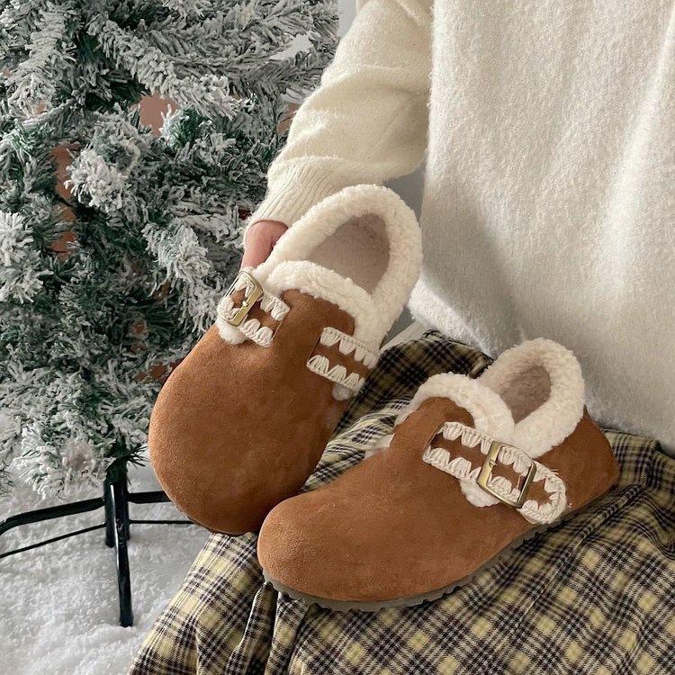 Fleece thickened warm thick-soled cotton shoes, new autumn and winter retro Birkenstock fluffy shoes