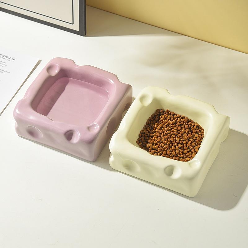 Cute Ceramic Bowl Creative Cheese-Shaped Rice Bowl Cat Food Bowl Dog Feeding Bowl Water Bowl Anti-Tip Pet Supplies