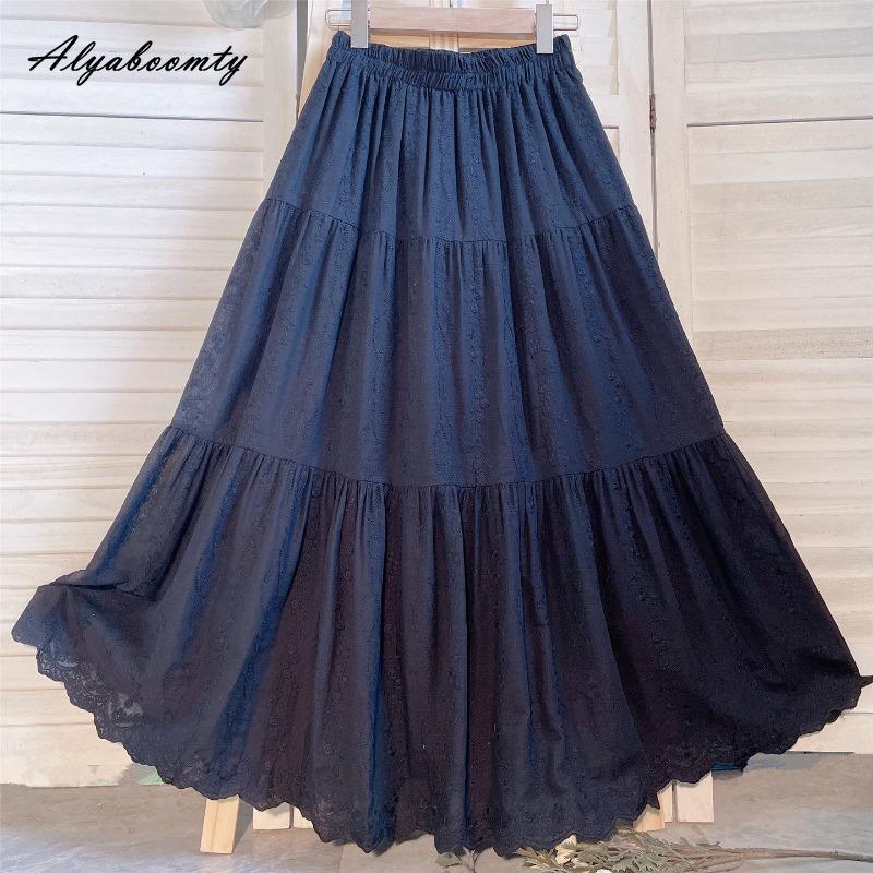 Japanese Mori Girl Spring Summer Women Black Skirt High Waist Floral Embroidery Elegant Midi Skirt Vintage Cotton A-Line Female Skirt
