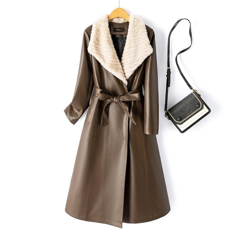 Womens Mid-Length PU Leather Trench Coat Over Knee Fall Winter Outerwear Elegant Office Style Plus Size