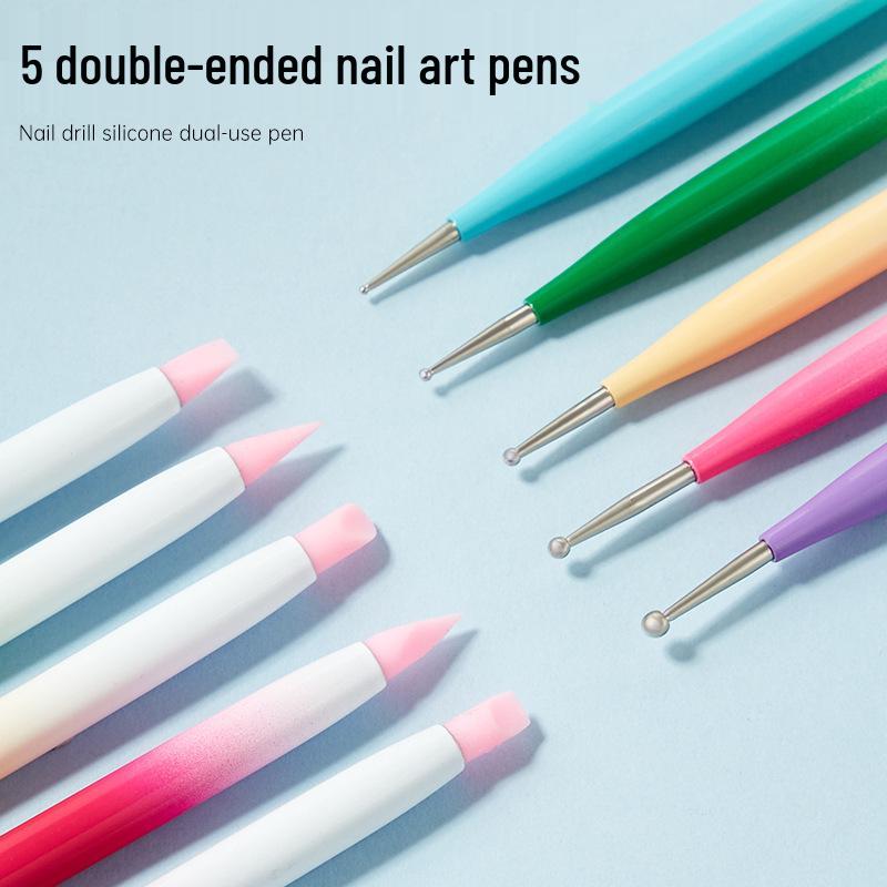 Nail Art Pen Set: Double-Ended Dotting & Rhinestone Tools, 5-Piece Brush Collection