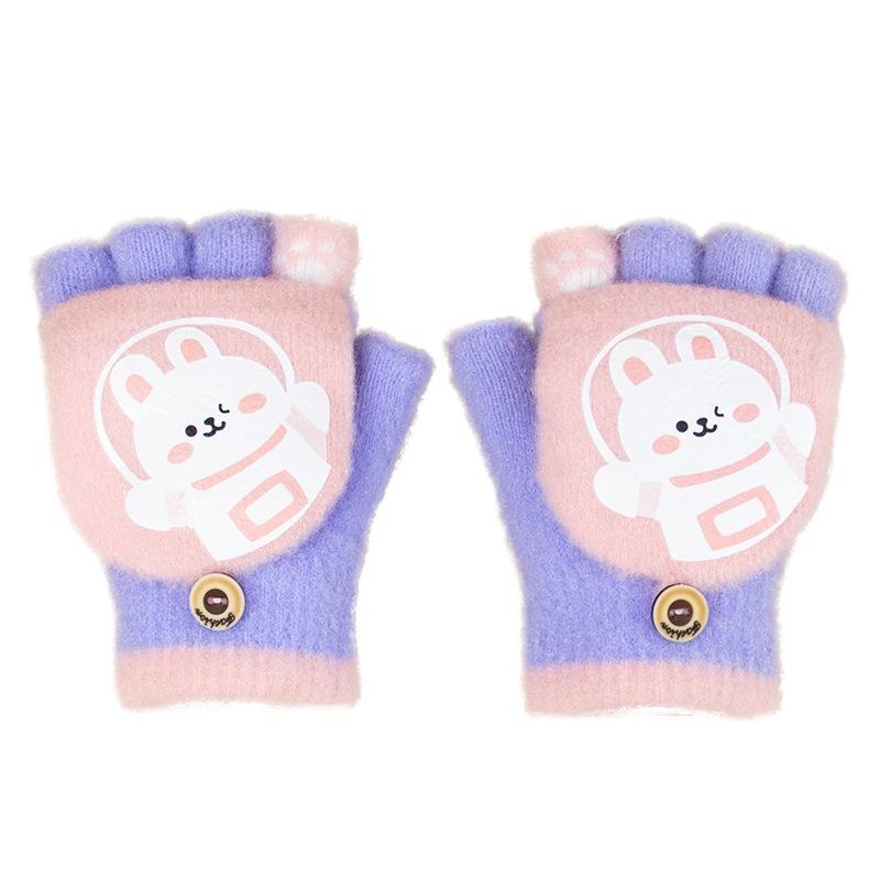Space rabbit half finger flip middle child dew finger winter thickened warm student writing cute knitted gloves girl
