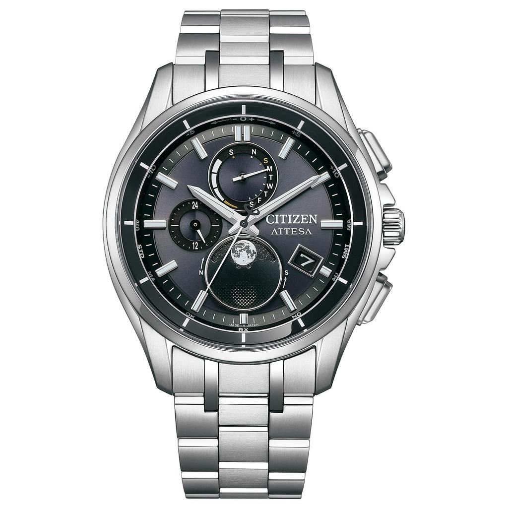 Citizen Attesa Moon Phase Solar Radio-Controlled Watch, Waterproof, Men's, Silver, BY1001-66E