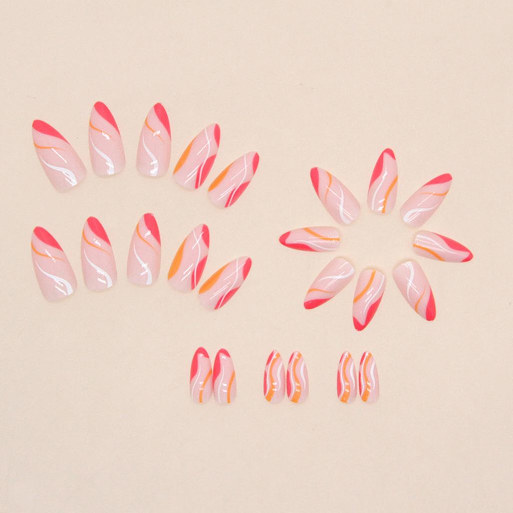 Pink & Rose Red Wave Printed Almond False Manicure Ultra-flexible Long Lasting Fake Nails for Women and Girl Nail Salon