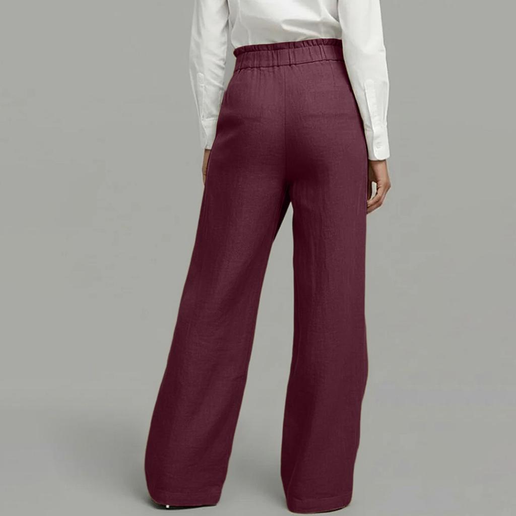 Pantaloni in Lino a Gamba Larga con Chiusura a Incrocio Vita Alta Design Sovrapposto Vestibilità Rilassata da Donna per Ufficio Casual
