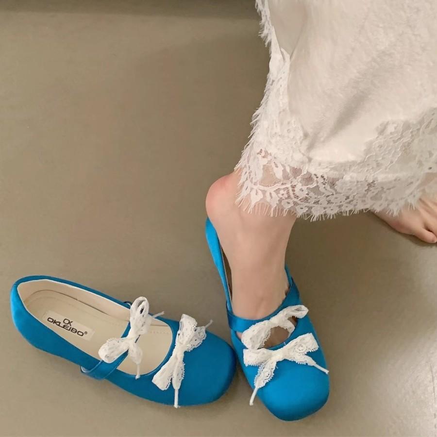 French gentle satin lace bow Mary Jane shoes women's inner height-increasing single shoes 2025 new shallow mouth ballet shoes