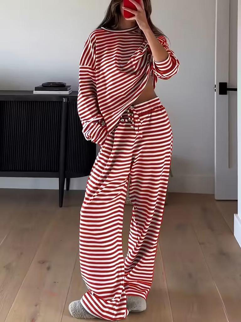 European-American Women's Striped Long Sleeve Top & High Waist Pants Set - Autumn 2025 Fashion Casual Wear.