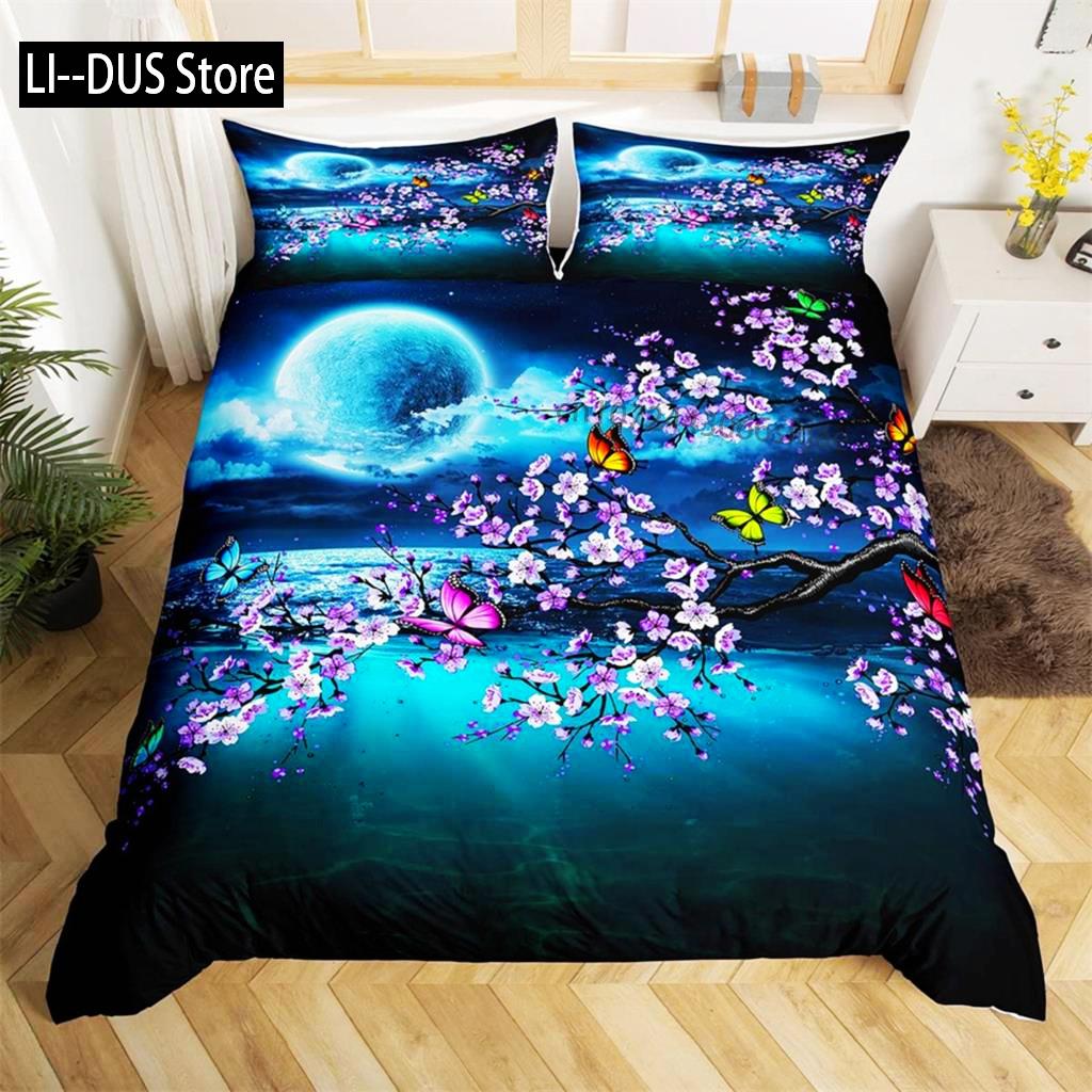 Dark Night Ocean Duvet Cover Seawater Bright Moon Sea Starry Night Sky Galaxy Reflection Comforter Cover Bedding Set Room Decor
