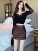 Women's Brown High-Waisted PU Leather Bodycon Skirt - Slim-Fit, Sexy Pencil Style for Autumn/Winter 2026.