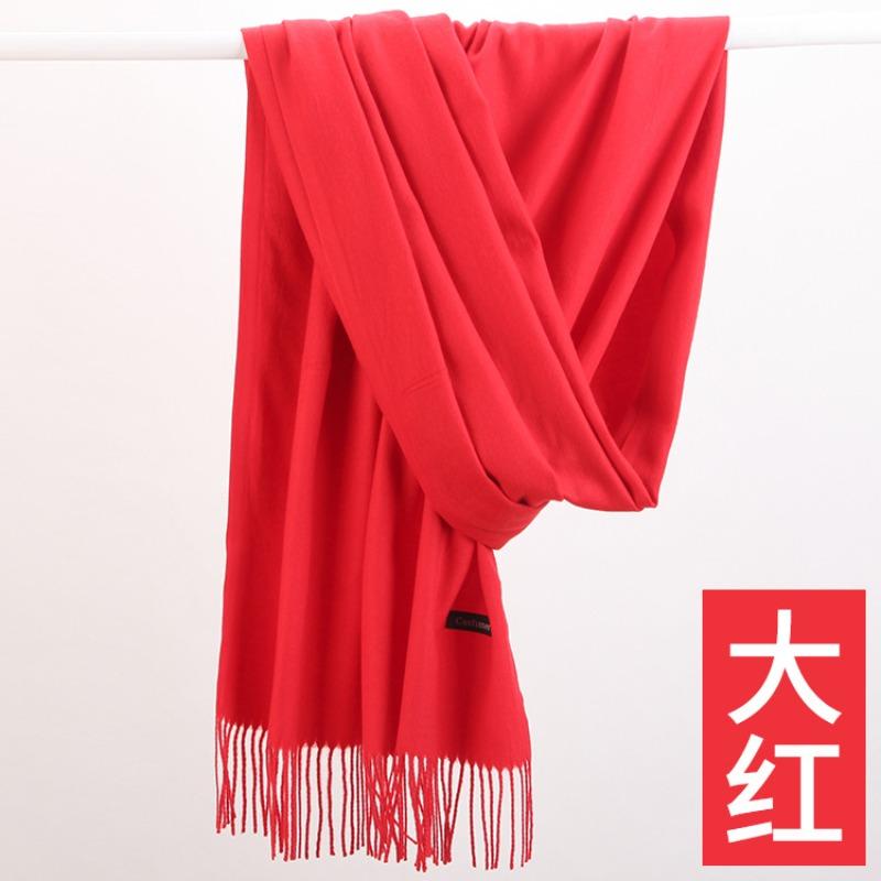 Autumn and winter new cashmere scarf women's thickened fringed warm pulled solid color bright red scarf shawl