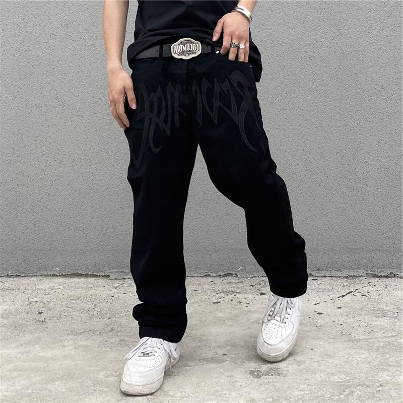 New Fashion Retro Black Embroidered Letter Jeans Street Hip Hop Loose Casual Pants